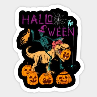 Halloween Skeleton Riding Dinosaur with Messy Bun Sticker